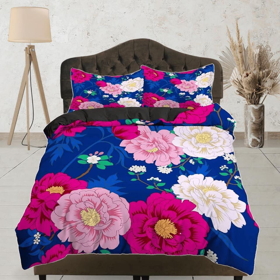 Pink peony floral bedding blue, luxury duvet cover queen, king, boho duvet, designer bedding, aesthetic bedding, maximalis…