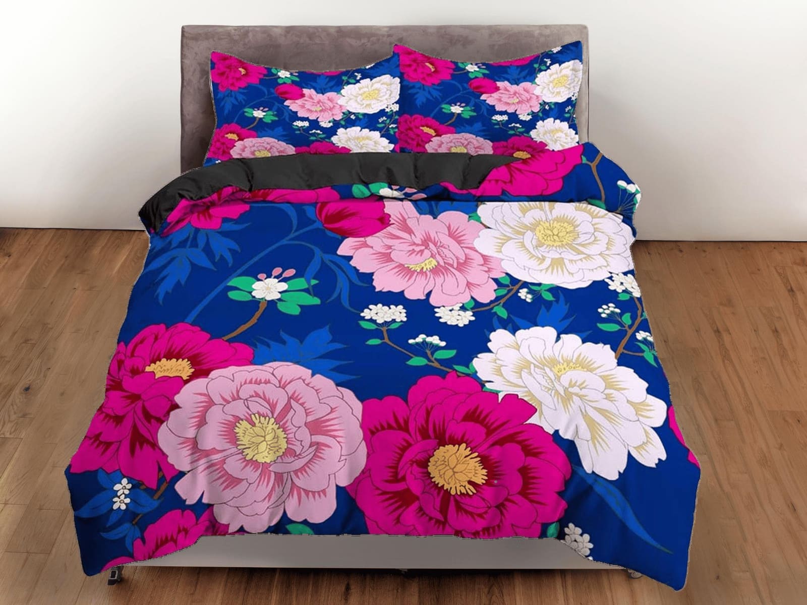 Pink peony floral bedding blue, luxury duvet cover queen, king, boho duvet, designer bedding, aesthetic bedding, maximalis…