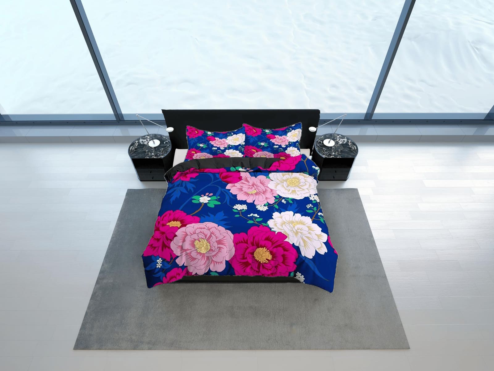 Pink peony floral bedding blue, luxury duvet cover queen, king, boho duvet, designer bedding, aesthetic bedding, maximalis…