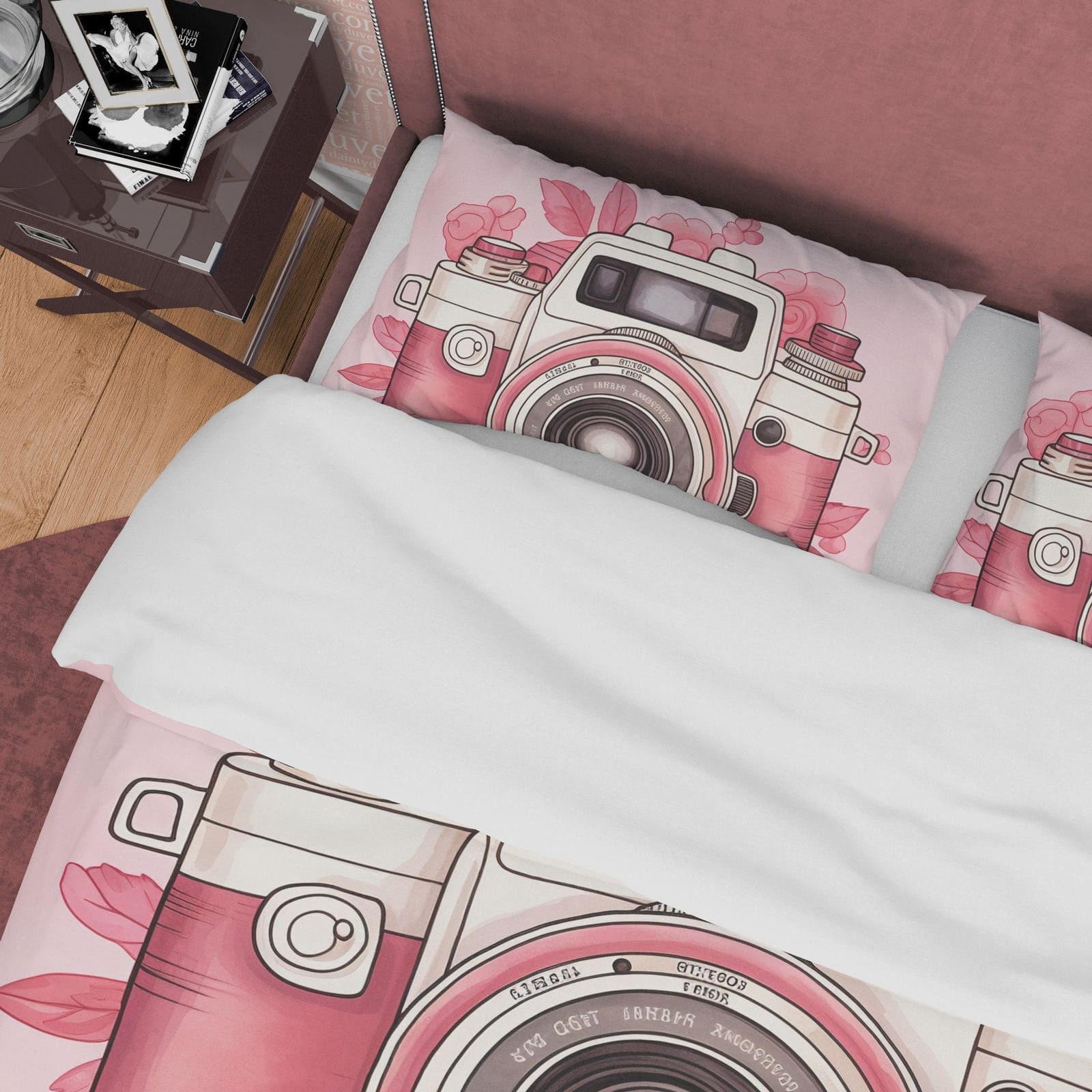 Pink Photography Pattern Duvet Cover, Girl Cute Bedroom Quilt Cover, Girly Photo Lover Bedding, Female Photographer Blanke…