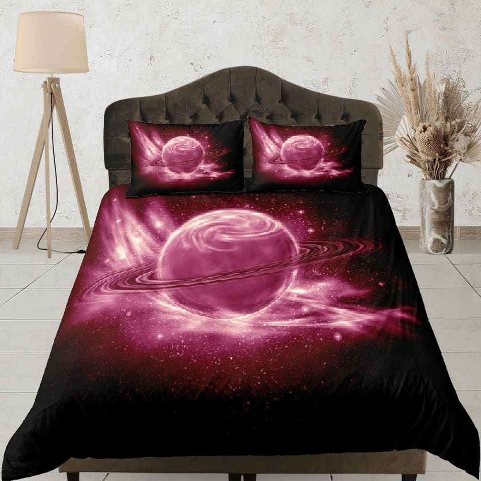 Pink planet duvet cover set, Saturn galaxy bedding, outer space bedding set full, duvet cover king, queen, dorm bedding, t…