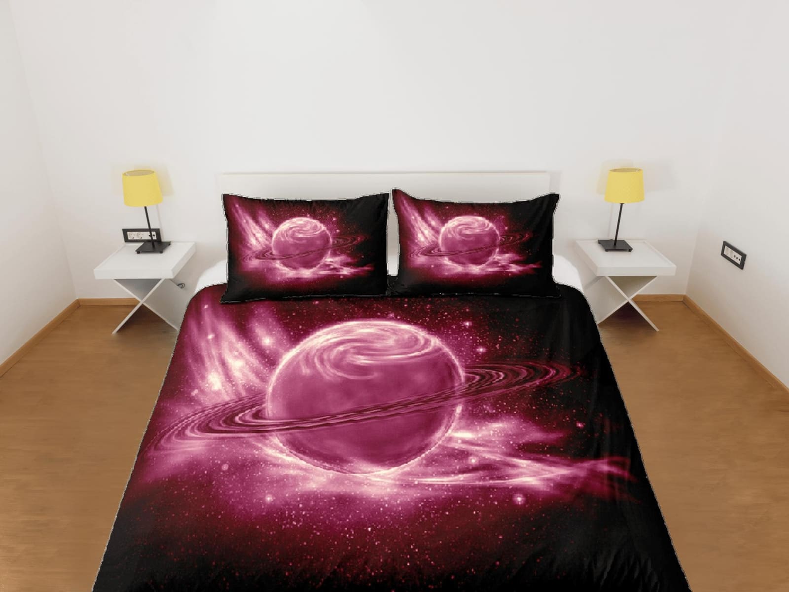 Pink planet duvet cover set, Saturn galaxy bedding, outer space bedding set full, duvet cover king, queen, dorm bedding, t…