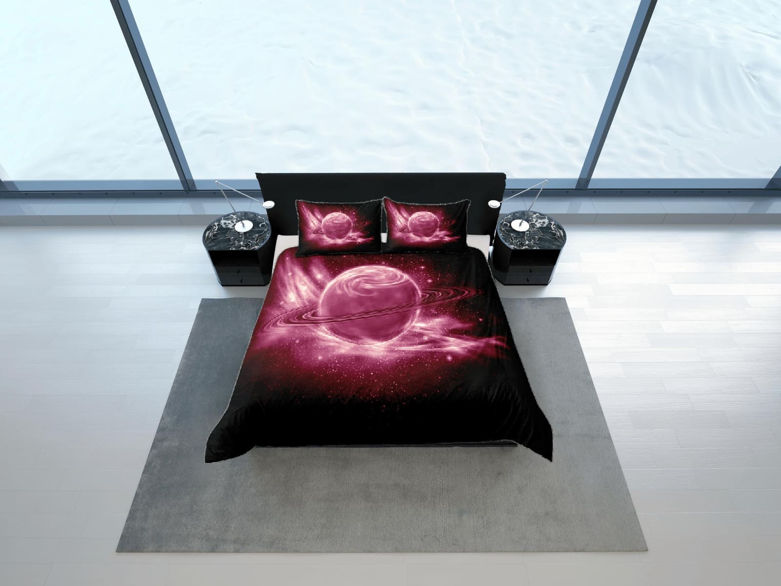 Pink planet duvet cover set, Saturn galaxy bedding, outer space bedding set full, duvet cover king, queen, dorm bedding, t…