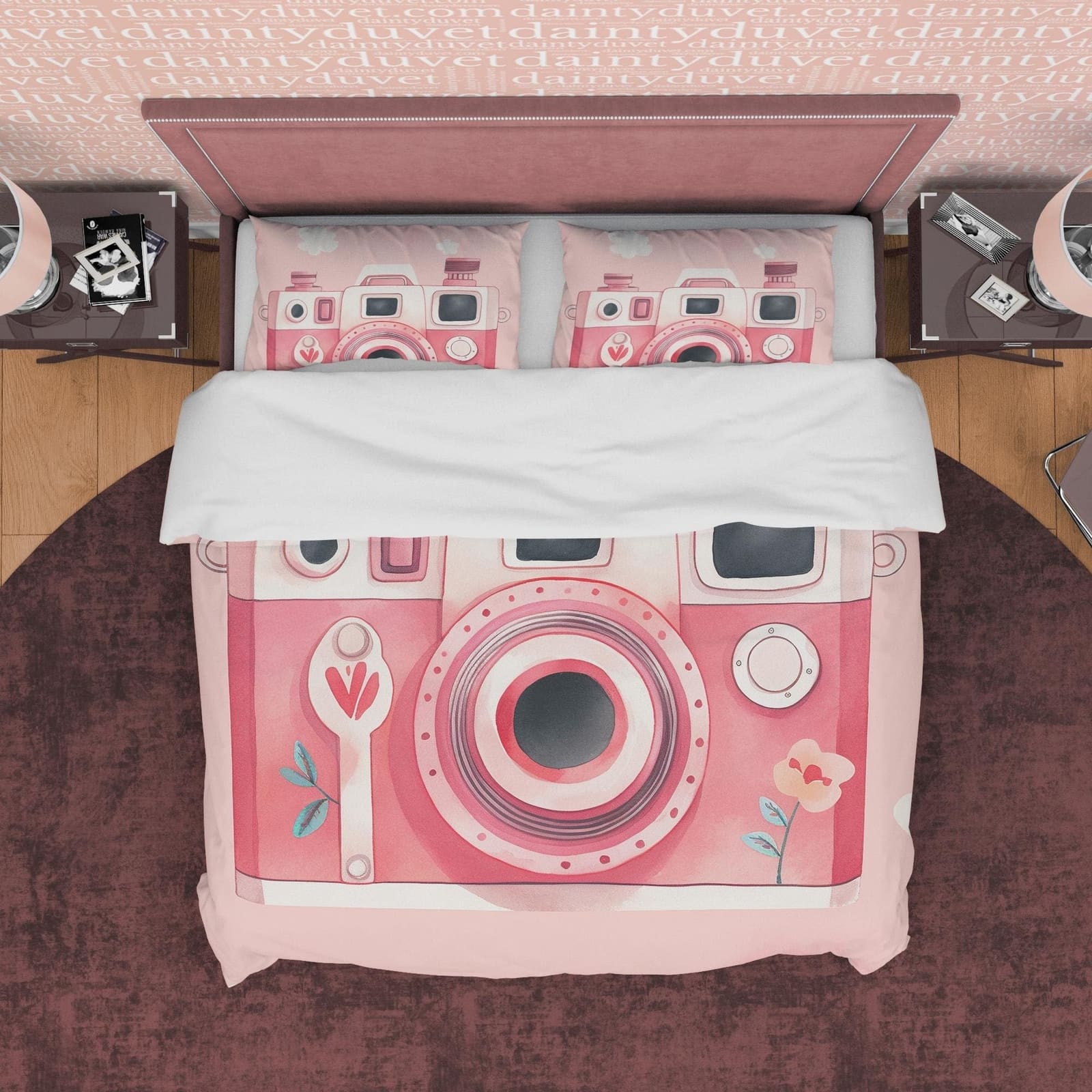 Pink Retro Camera Duvet Cover Set Baby Bedding, Girly Bedroom Set, Vintage Cute Quilt Cover, Photophille Bedspread, Photog…