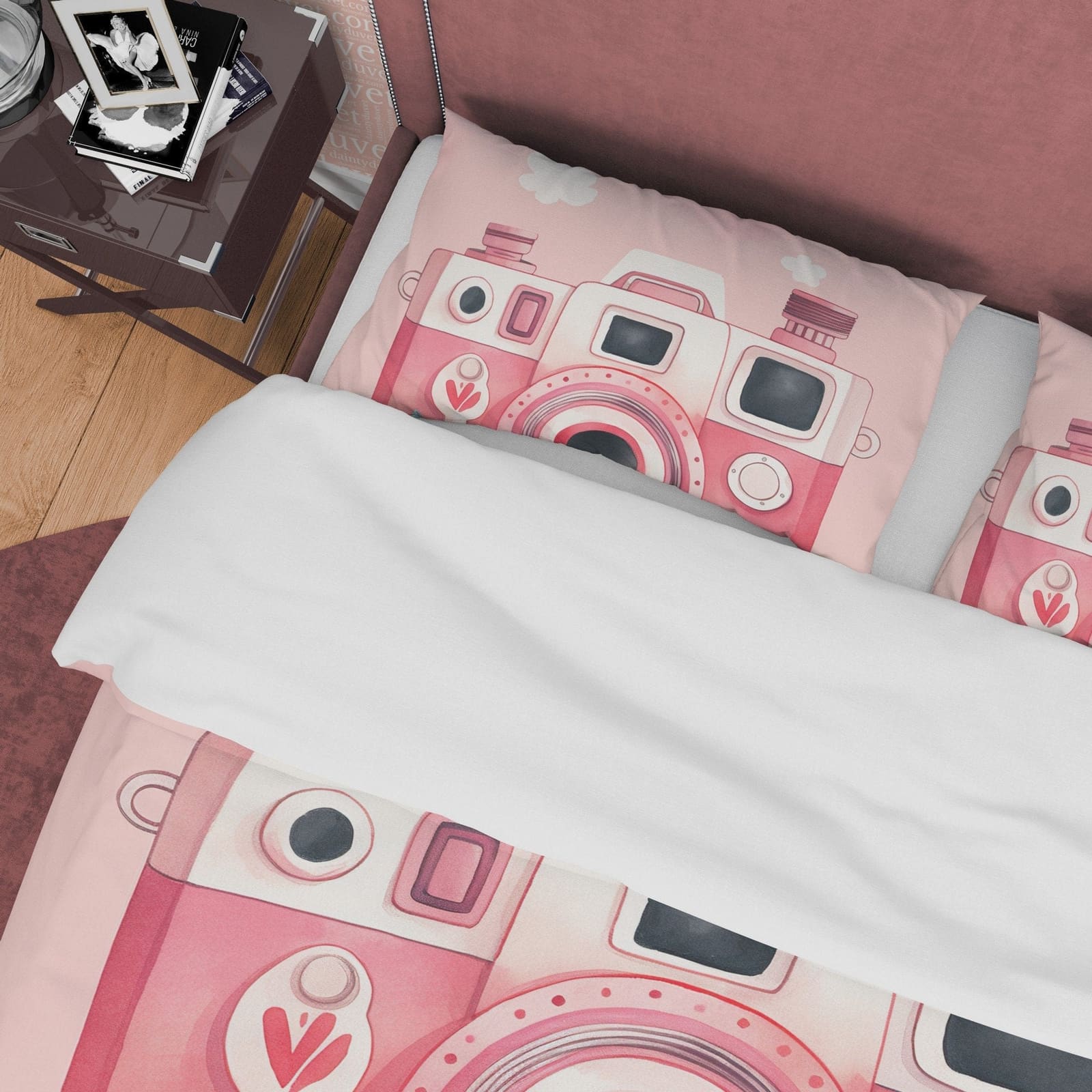 Pink Retro Camera Duvet Cover Set Baby Bedding, Girly Bedroom Set, Vintage Cute Quilt Cover, Photophille Bedspread, Photog…