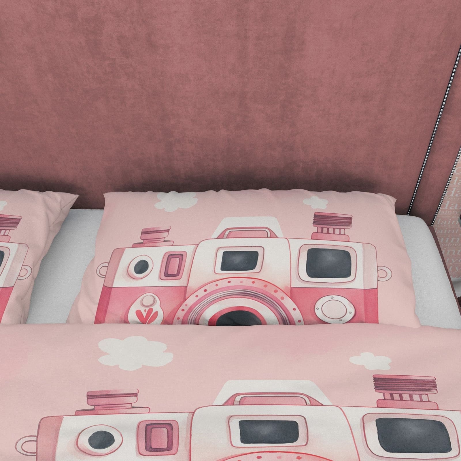 Pink Retro Camera Duvet Cover Set Baby Bedding, Girly Bedroom Set, Vintage Cute Quilt Cover, Photophille Bedspread, Photog…