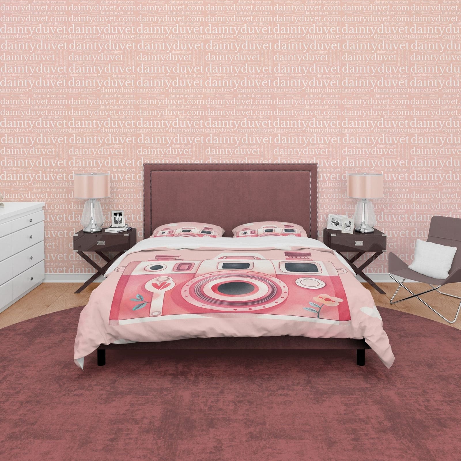 Pink Retro Camera Duvet Cover Set Baby Bedding, Girly Bedroom Set, Vintage Cute Quilt Cover, Photophille Bedspread, Photog…