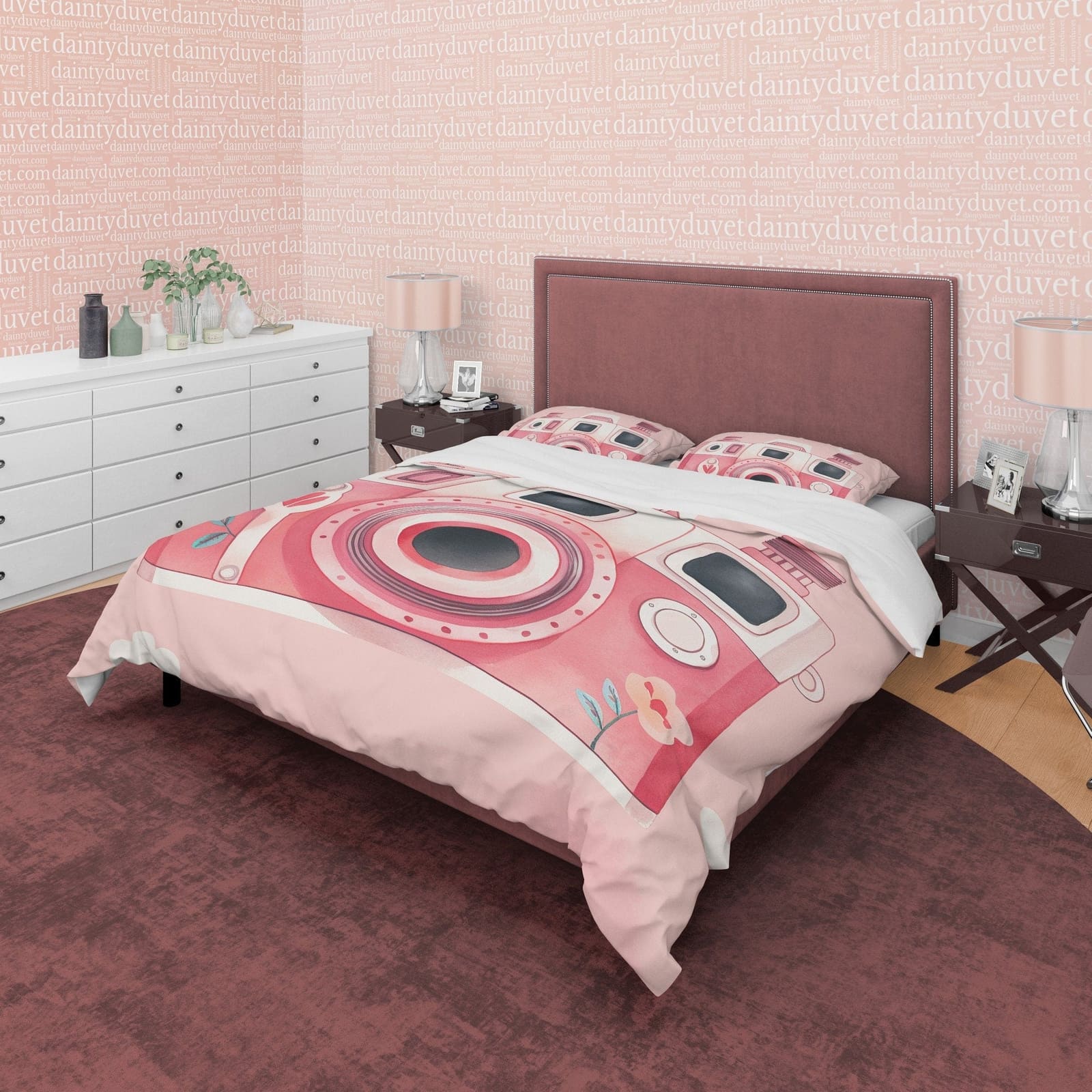 Pink Retro Camera Duvet Cover Set Baby Bedding, Girly Bedroom Set, Vintage Cute Quilt Cover, Photophille Bedspread, Photog…