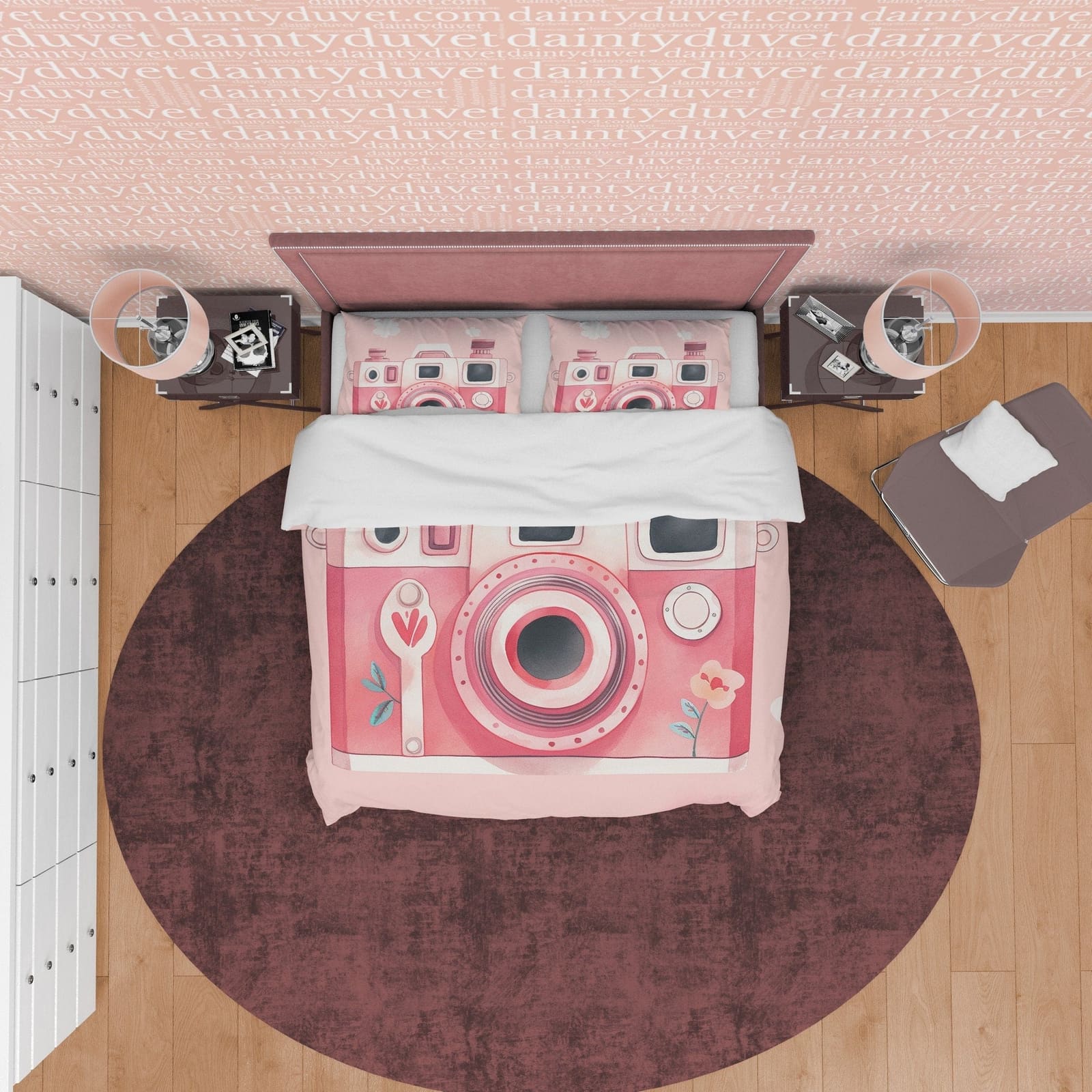 Pink Retro Camera Duvet Cover Set Baby Bedding, Girly Bedroom Set, Vintage Cute Quilt Cover, Photophille Bedspread, Photog…