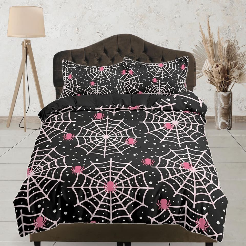 Pink spider web halloween bedding & pillowcase, black duvet cover set dorm bedding, halloween decor, nursery toddler beddi…