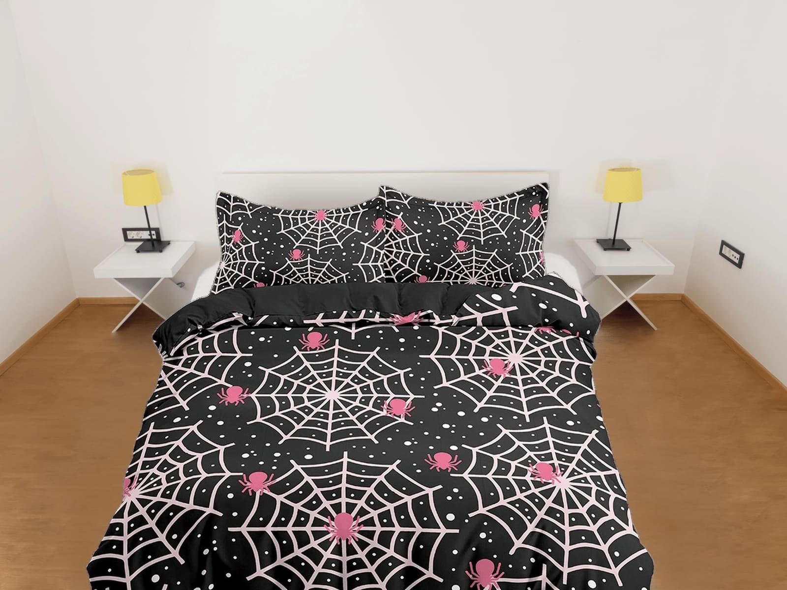 Pink spider web halloween bedding & pillowcase, black duvet cover set dorm bedding, halloween decor, nursery toddler beddi…