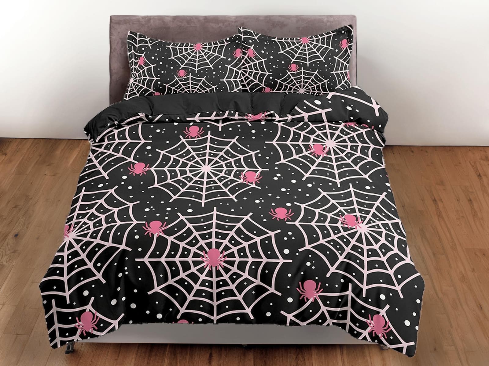 Pink spider web halloween bedding & pillowcase, black duvet cover set dorm bedding, halloween decor, nursery toddler beddi…