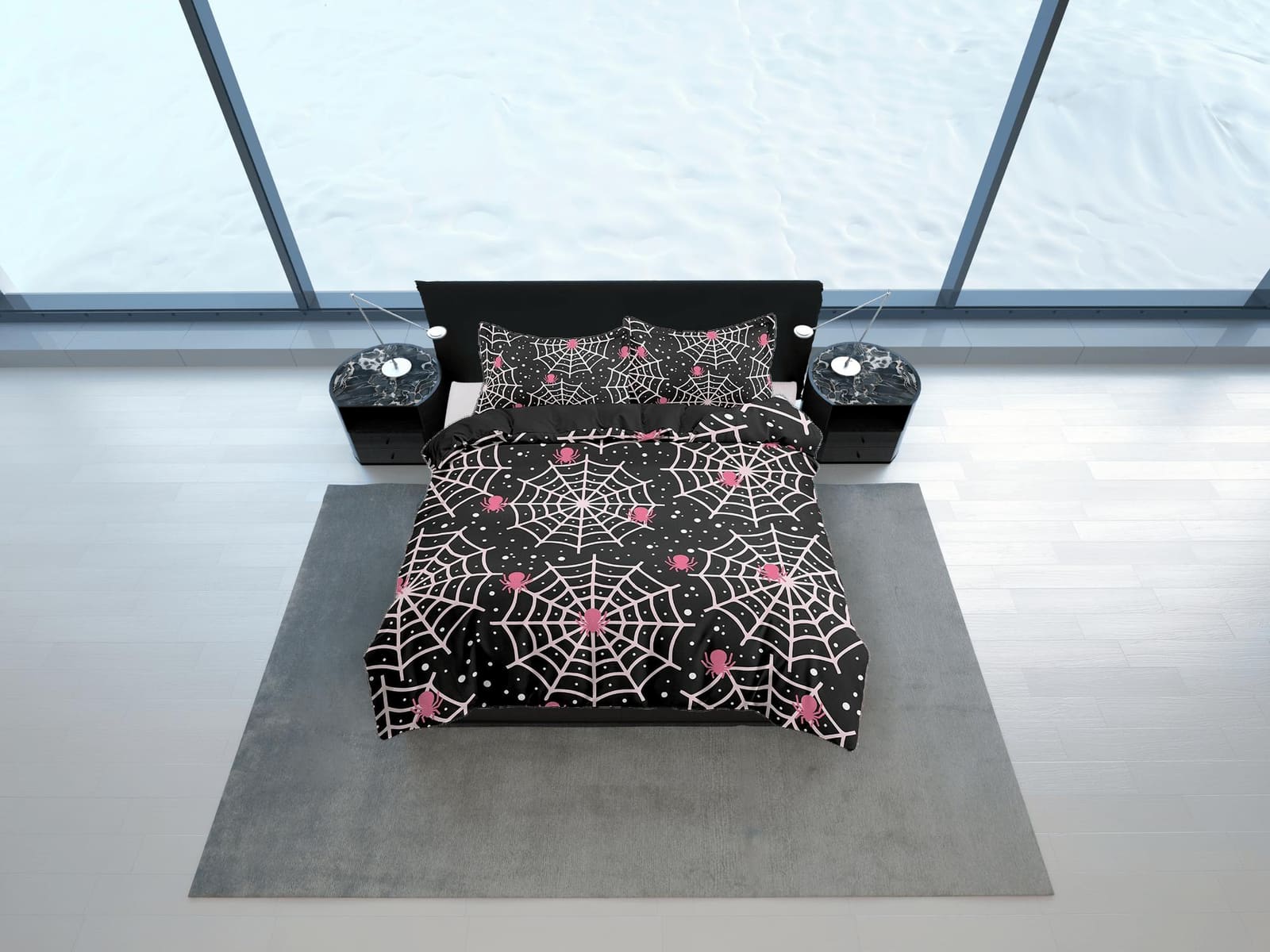 Pink spider web halloween bedding & pillowcase, black duvet cover set dorm bedding, halloween decor, nursery toddler beddi…