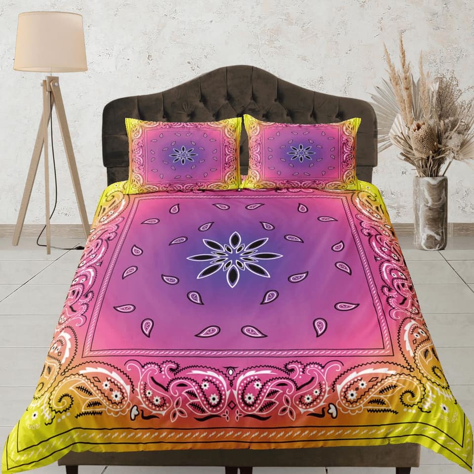 Pink yellow bandana paisley duvet cover set, aesthetic room decor bedding set full, king, queen size, abstract boho bedspr…
