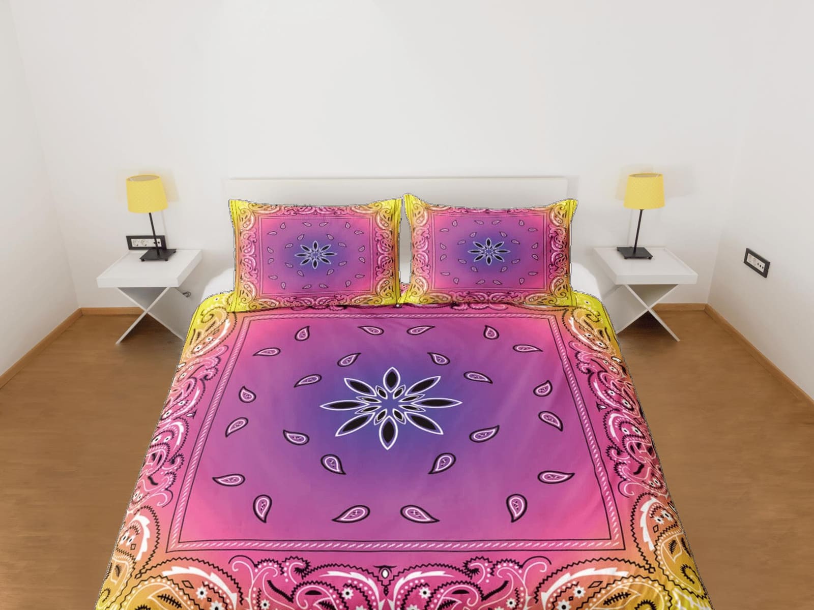 Pink yellow bandana paisley duvet cover set, aesthetic room decor bedding set full, king, queen size, abstract boho bedspr…