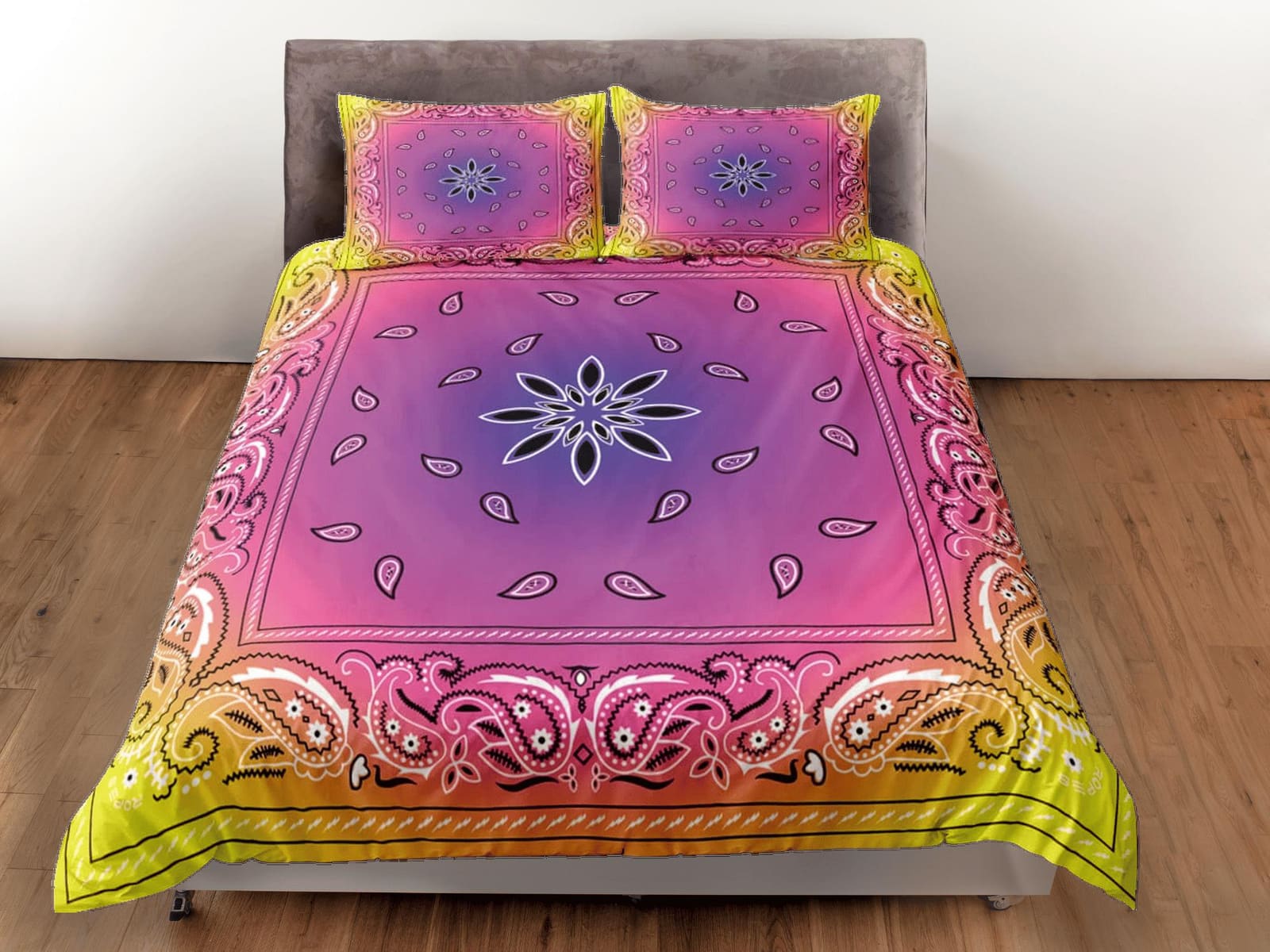 Pink yellow bandana paisley duvet cover set, aesthetic room decor bedding set full, king, queen size, abstract boho bedspr…