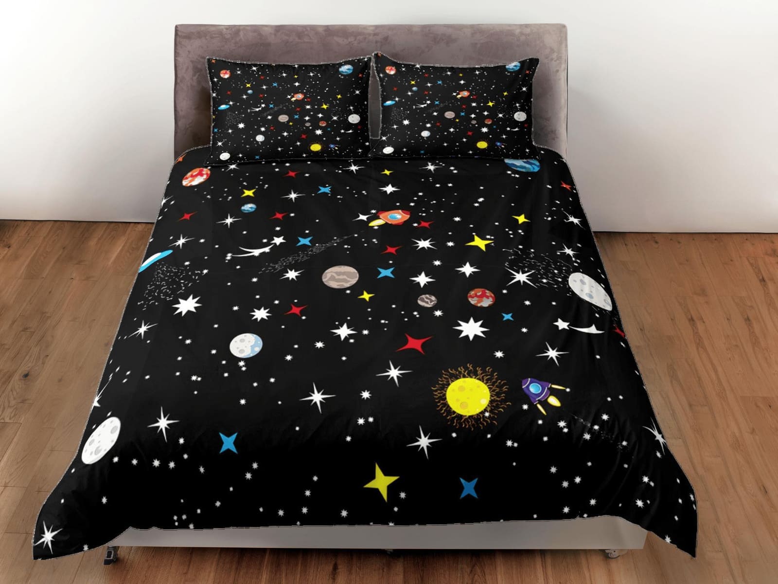 Planets Galaxy Black Duvet Cover Set Bedspread, Teens Kids Bedding with Pillowcase