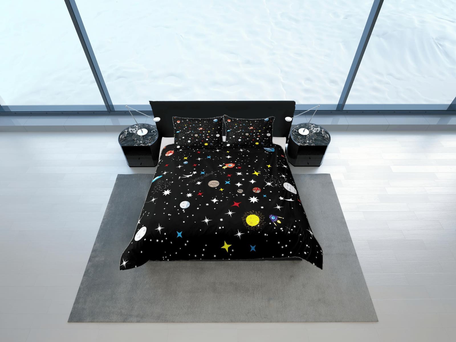 Planets Galaxy Black Duvet Cover Set Bedspread, Teens Kids Bedding with Pillowcase