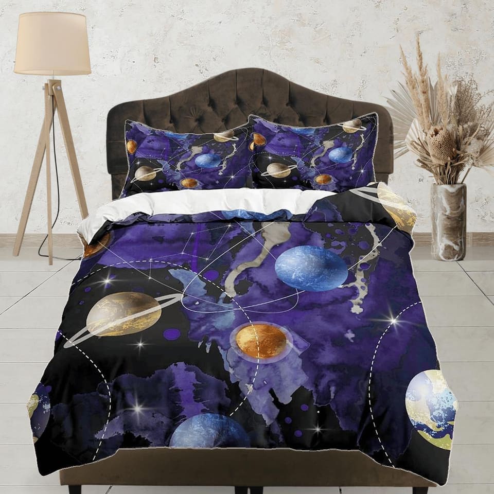 Planets galaxy purple bedding, outer space bedding set full, cosmic duvet cover king, queen, dorm bedding, toddler bedding…