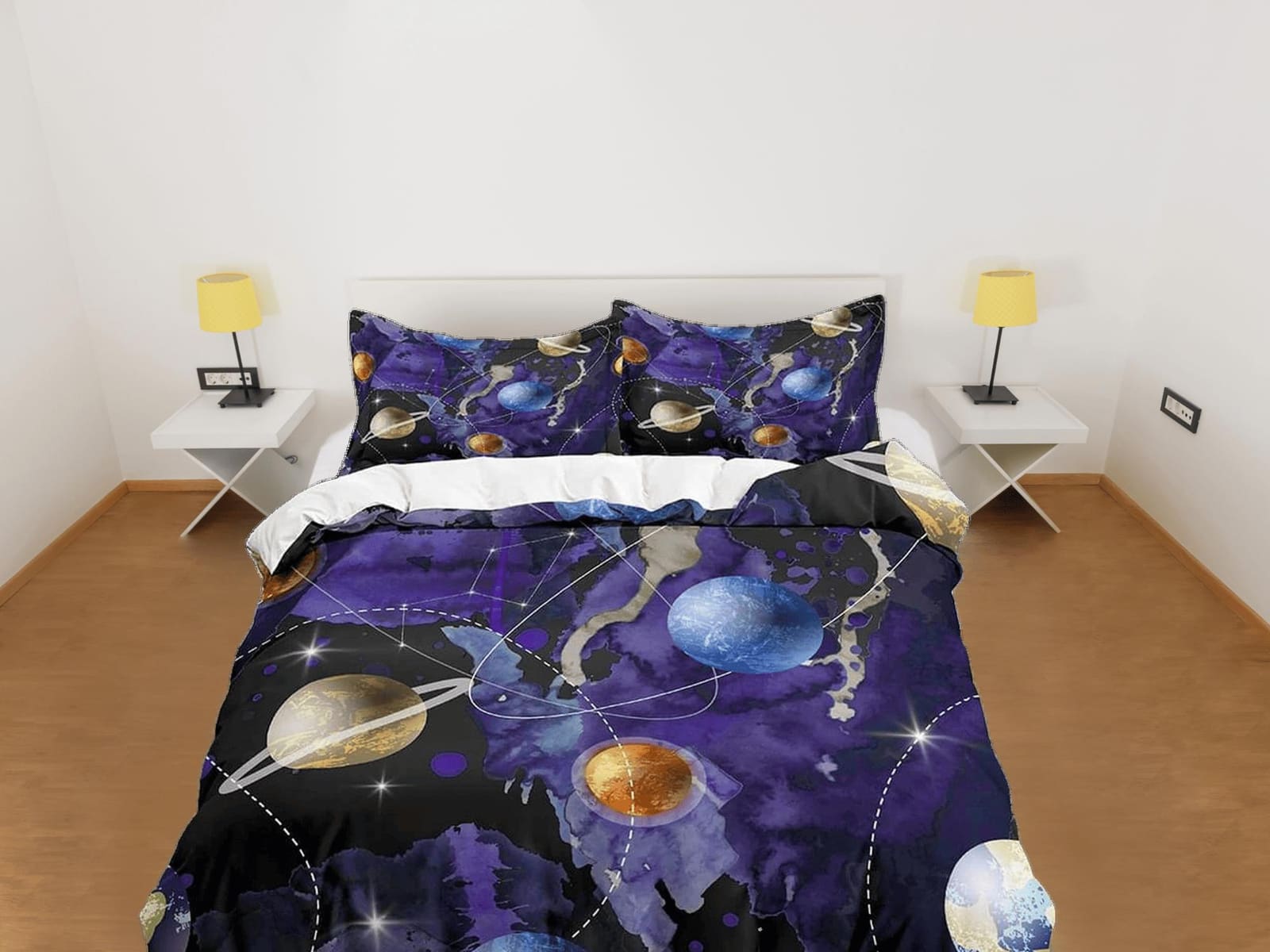 Planets galaxy purple bedding, outer space bedding set full, cosmic duvet cover king, queen, dorm bedding, toddler bedding…