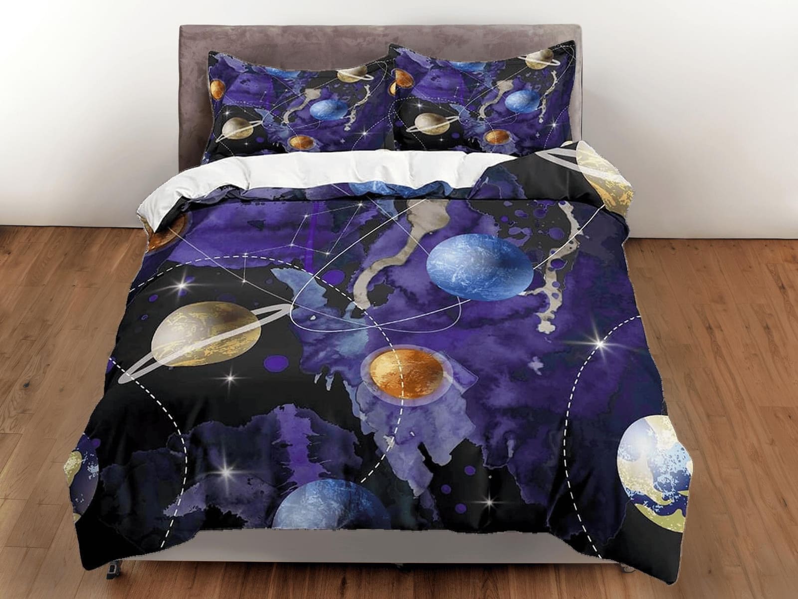 Planets galaxy purple bedding, outer space bedding set full, cosmic duvet cover king, queen, dorm bedding, toddler bedding…