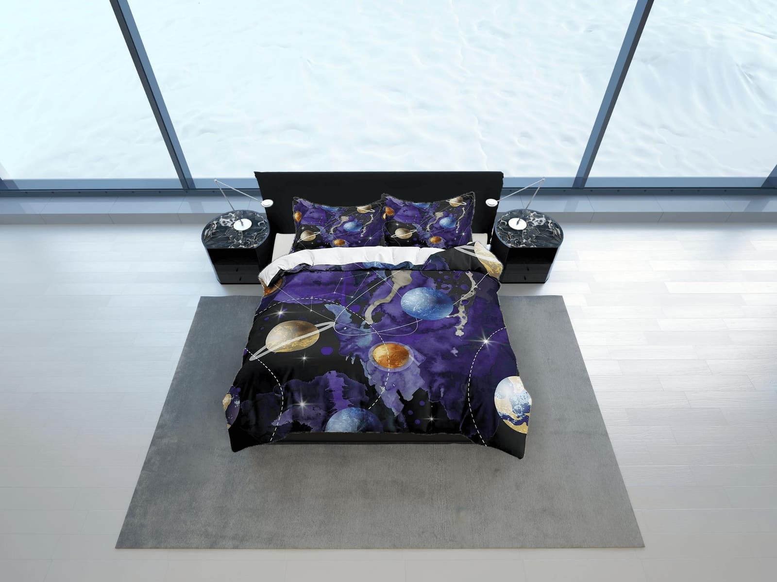 Planets galaxy purple bedding, outer space bedding set full, cosmic duvet cover king, queen, dorm bedding, toddler bedding…