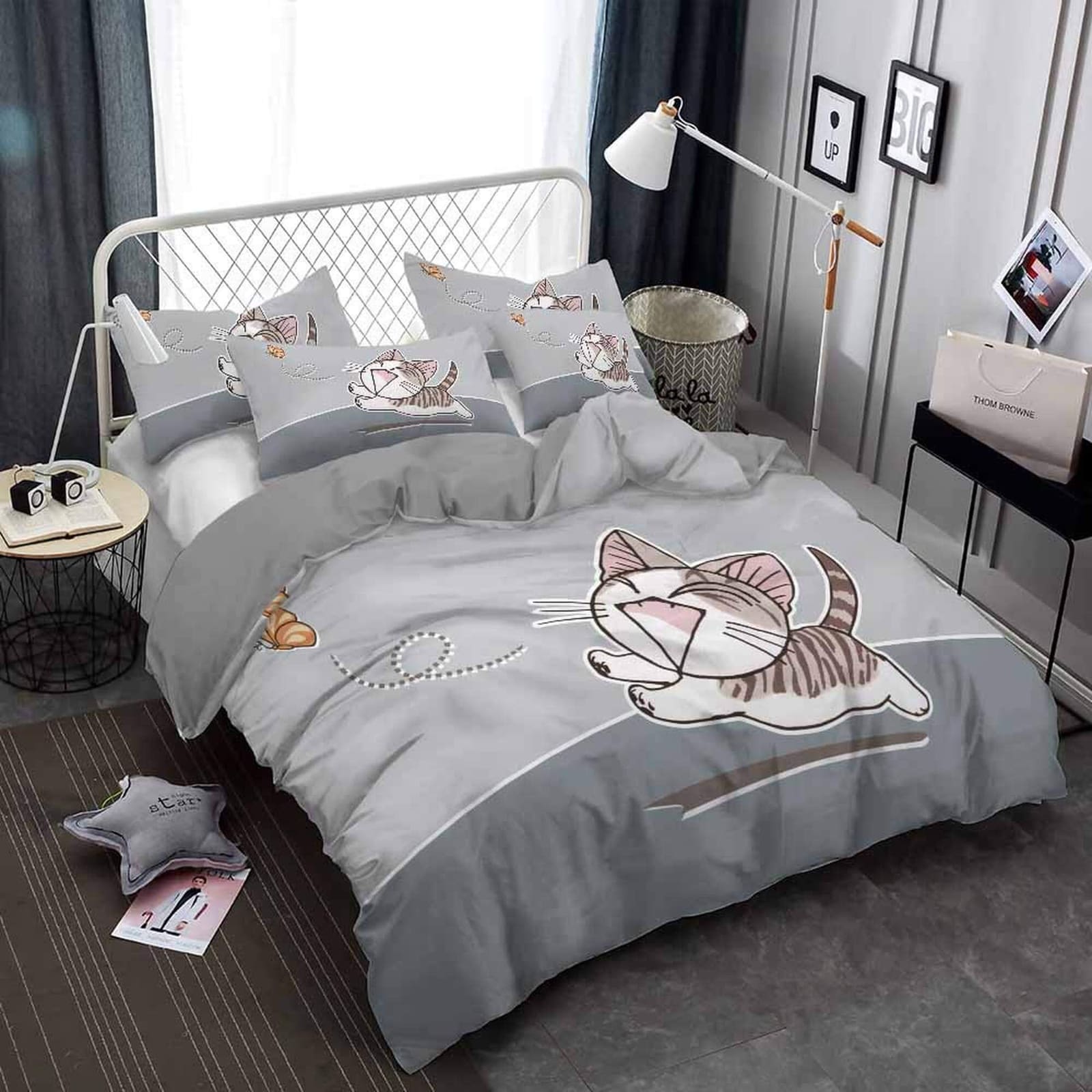 Playful and happy cat bedding grey, toddler bedding, kids duvet cover set, gift for cat lovers, baby bedding, baby shower…