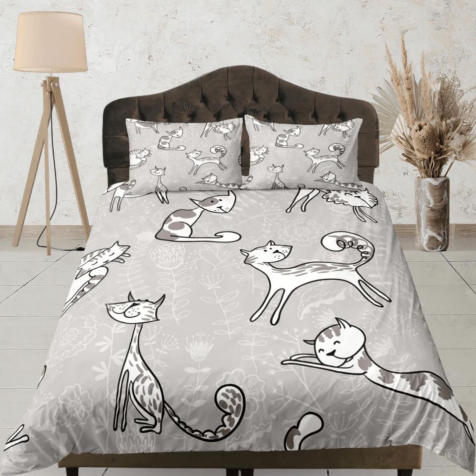 Playful cat bedding, minimalist floral prints, toddler bedding, kids duvet cover set, gift for cat lovers, baby bedding, b…
