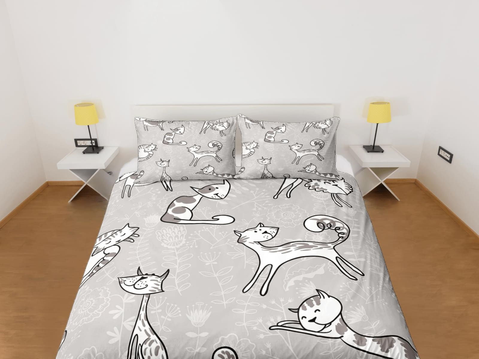 Playful cat bedding, minimalist floral prints, toddler bedding, kids duvet cover set, gift for cat lovers, baby bedding, b…