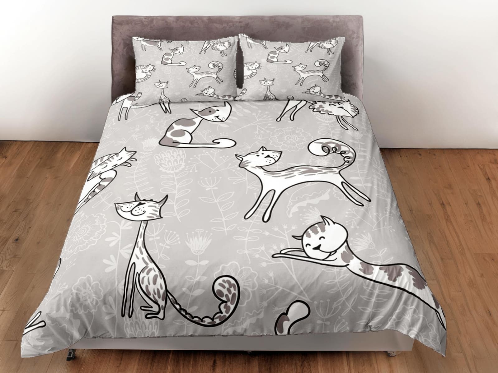 Playful cat bedding, minimalist floral prints, toddler bedding, kids duvet cover set, gift for cat lovers, baby bedding, b…