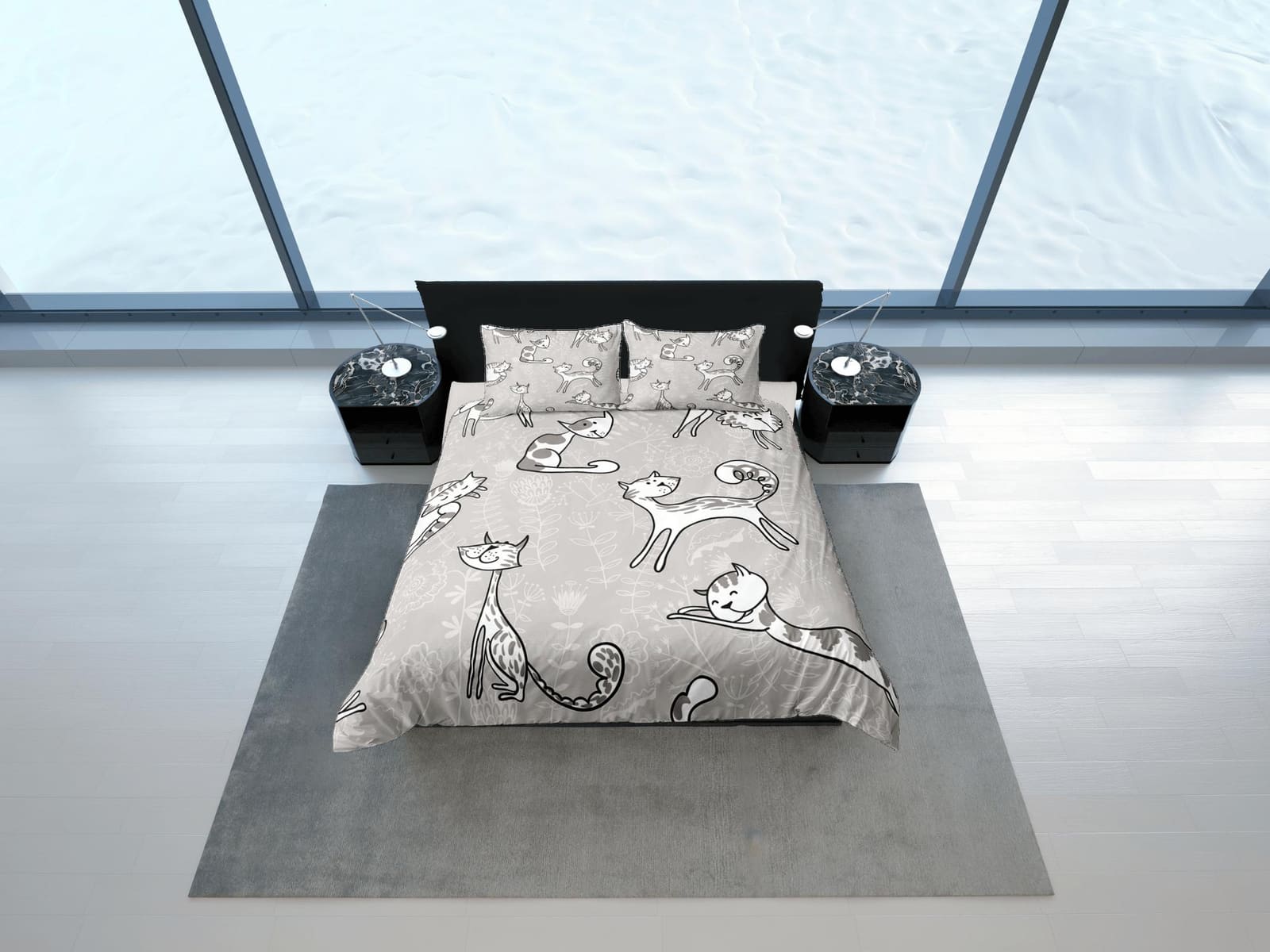 Playful cat bedding, minimalist floral prints, toddler bedding, kids duvet cover set, gift for cat lovers, baby bedding, b…