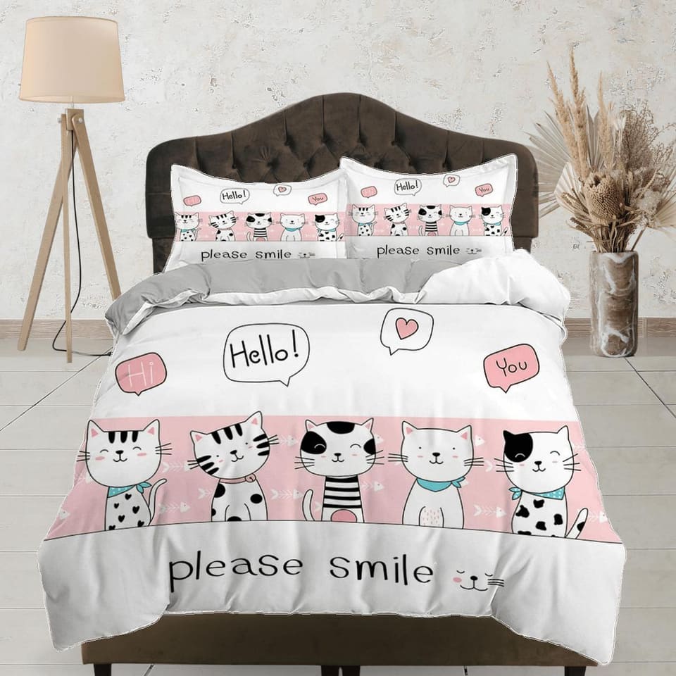 Please smile pink cat bedding, toddler bedding, kids duvet cover set, gift for cat lovers, baby bedding, baby shower gift