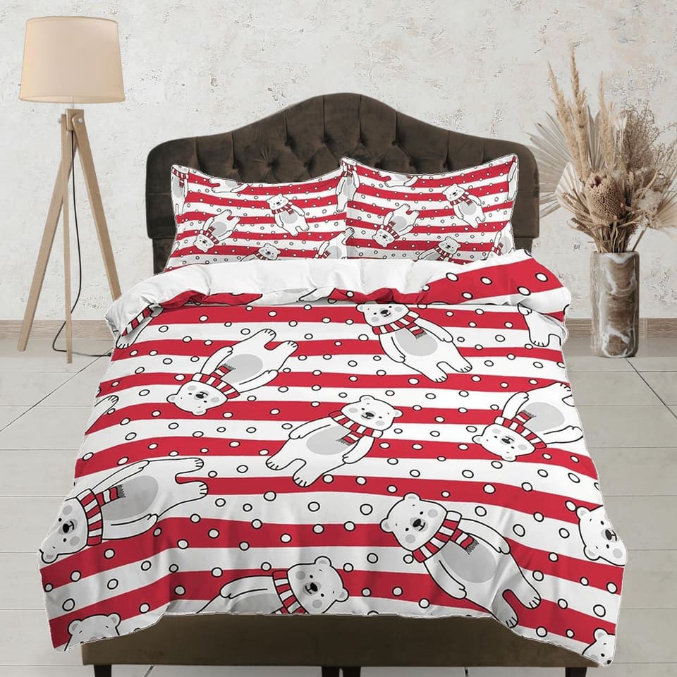 Polar bear in red stripes toddler bedding, duvet cover for nursery kids, crib bedding, baby zipper bedding, king queen ful…