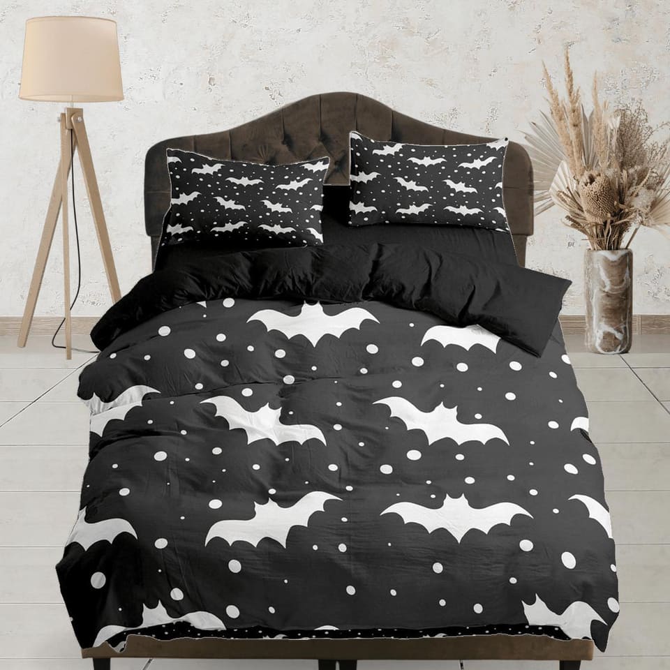 Polka dot bats halloween full bedding & pillowcase, duvet cover set dorm bedding, halloween decor, nursery toddler bedding…