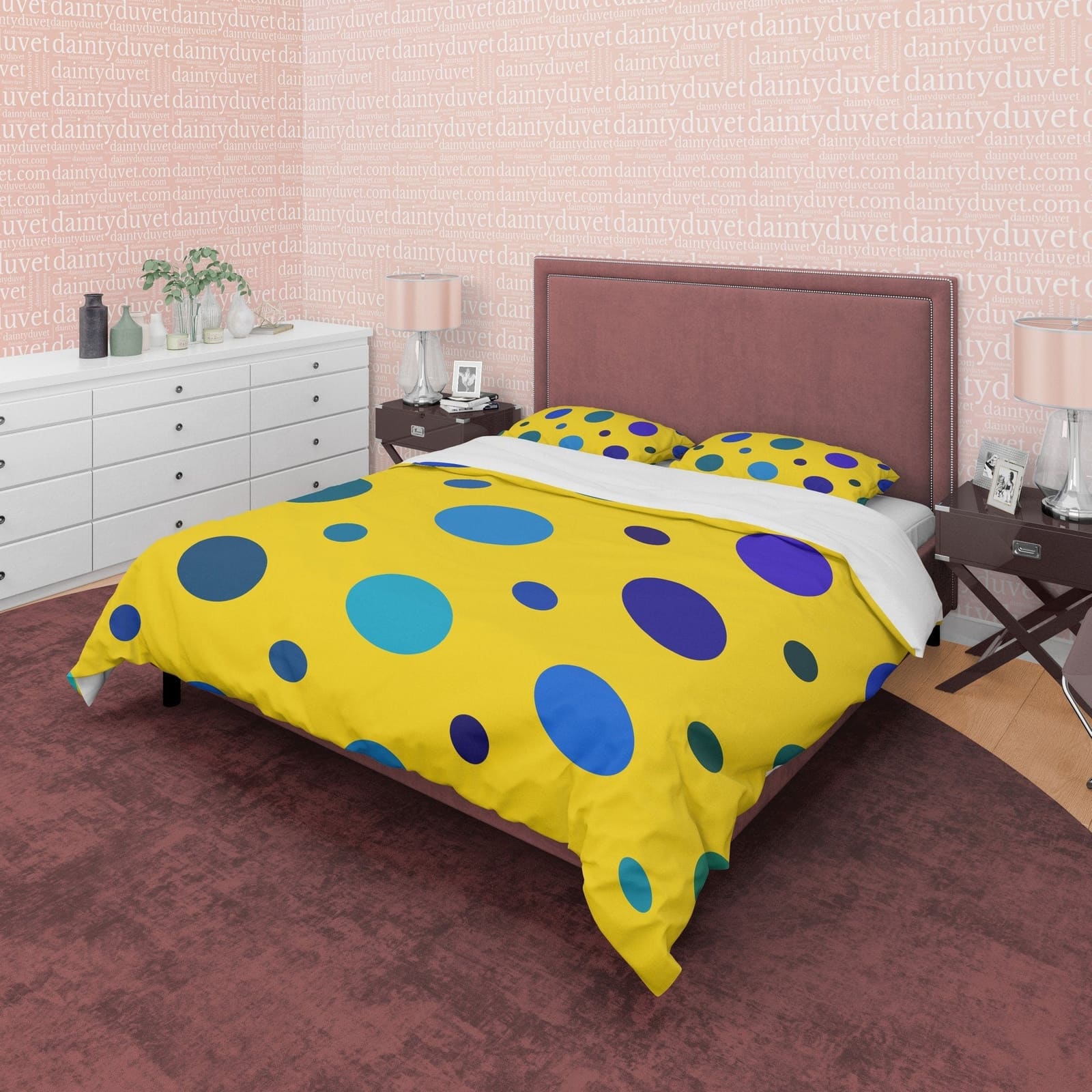Polka Dot Duvet Cover Geometric Bedding, Blue Dotted Quilt Cover, Yellow Blanket Cover Mid Century Modern Bedroom Set, Col…