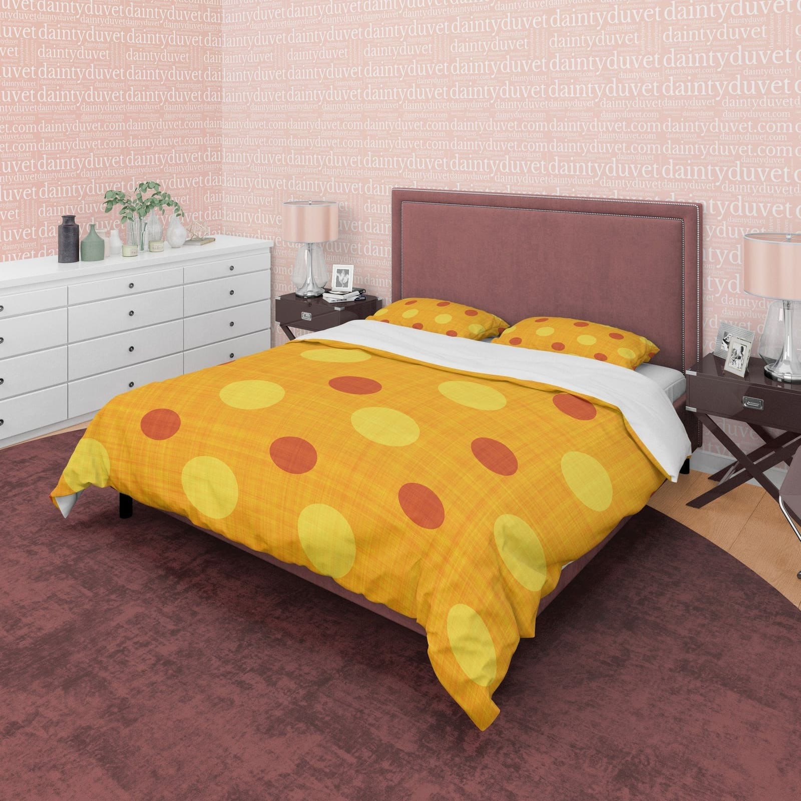 Polka Dot Duvet Cover Geometric Bedding, Brown Dotted Quilt Cover, Yellow Blanket Cover Mid Century Modern Bedroom Set, Co…