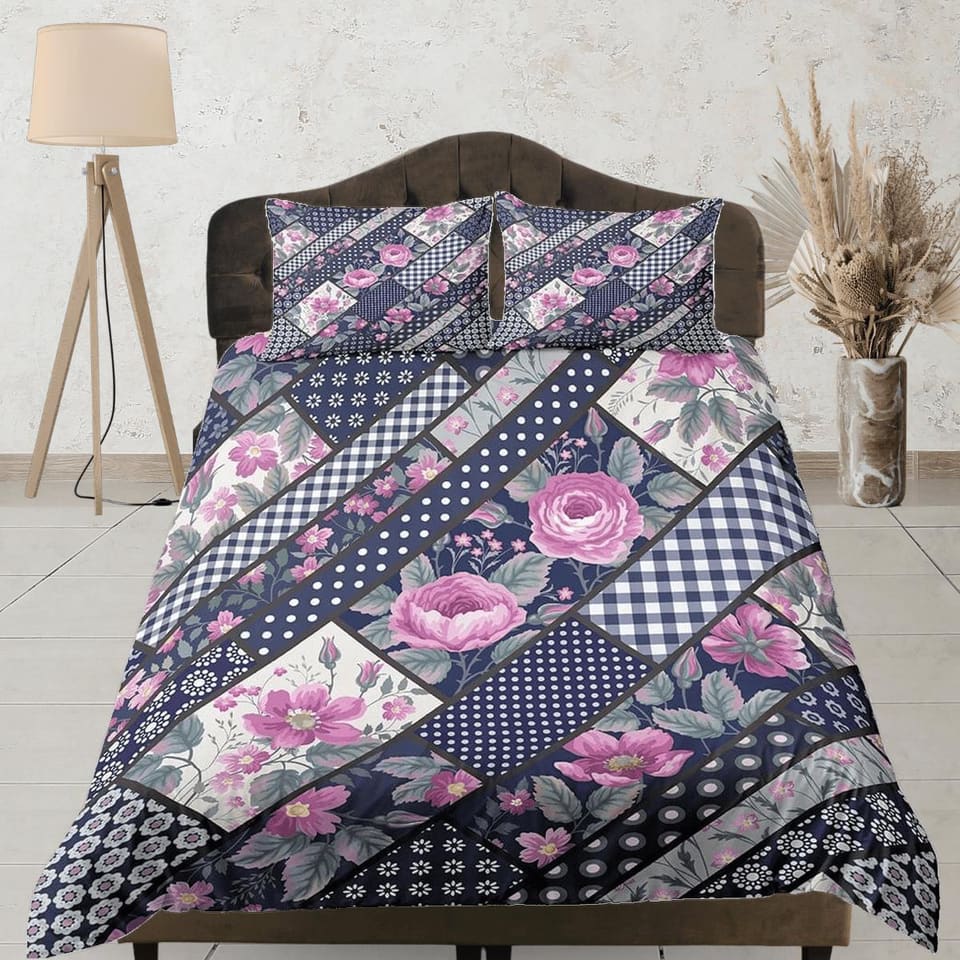 Polkadot pink floral patchwork quilt printed duvet cover set, aesthetic decor bedding set full, king, queen size, boho bed…