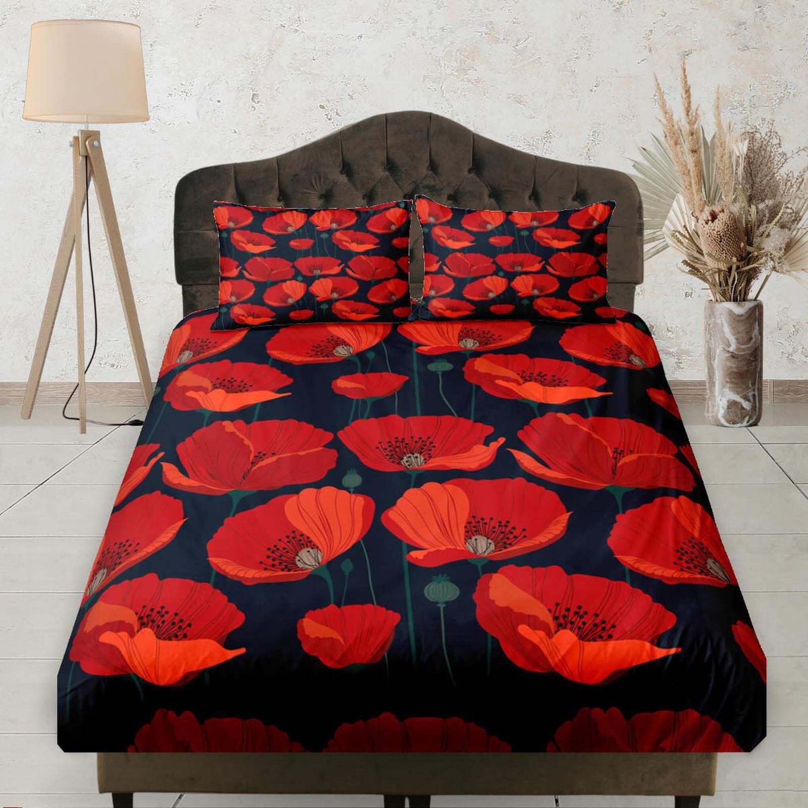 Poppy Red Fitted Sheet Deep Pocket, Floral Prints, Aesthetic Boho Bedding Set Full, Elastic Bedsheet, Dorm Bedding, Crib S…