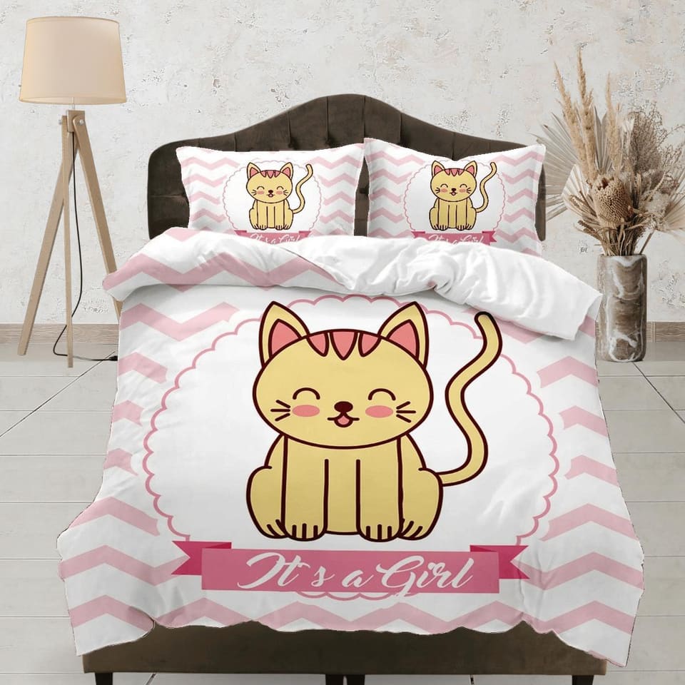 Pregnancy announcement girl, cute cat bedding, toddler bedding, kids duvet cover set, gift for cat lovers, baby bedding, b…