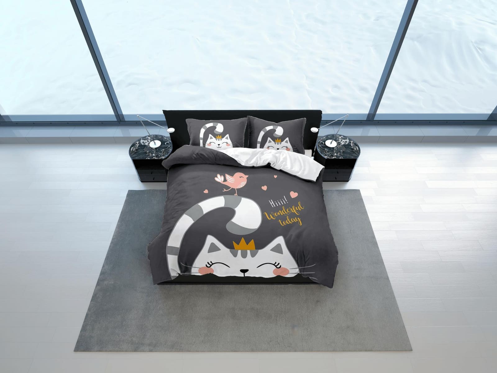 Princess cat bedding black, toddler bedding, kids duvet cover set, gift for cat lovers, baby bedding, baby shower gift, cu…