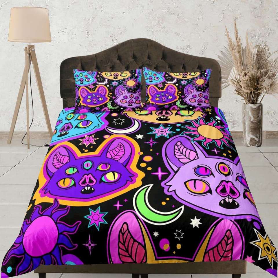 Psychedelic bats 90s neon halloween bedding hippie retro duvet cover set, colorful dorm bedding, teens bedroom, adult duve…