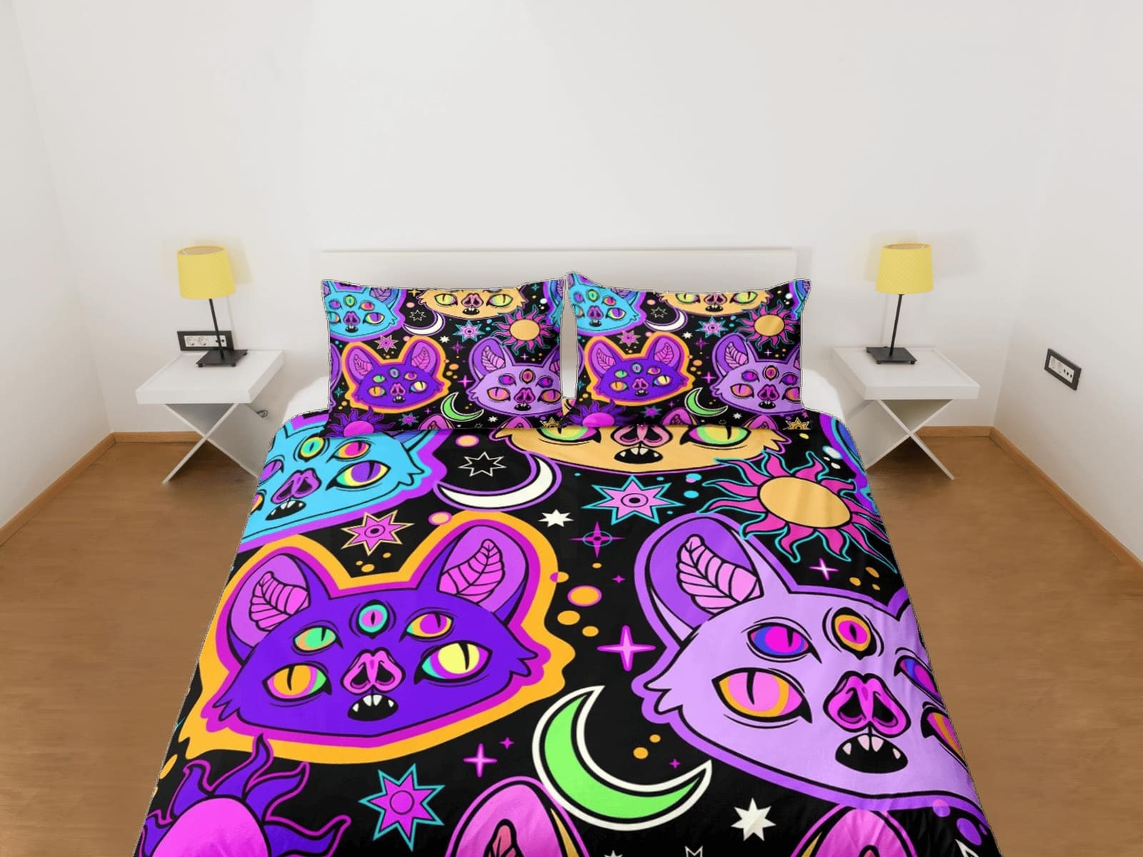 Psychedelic bats 90s neon halloween bedding hippie retro duvet cover set, colorful dorm bedding, teens bedroom, adult duve…