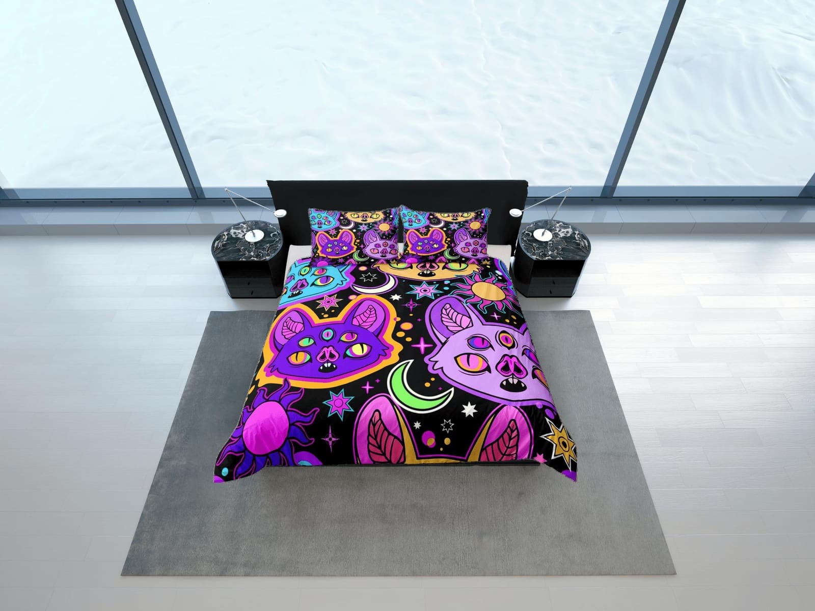 Psychedelic bats 90s neon halloween bedding hippie retro duvet cover set, colorful dorm bedding, teens bedroom, adult duve…