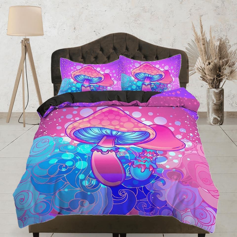 Psychedelic blue pink duvet cover hippie mushroom bedding set full, queen king, preppy dorm bedding indie room decor aesth…