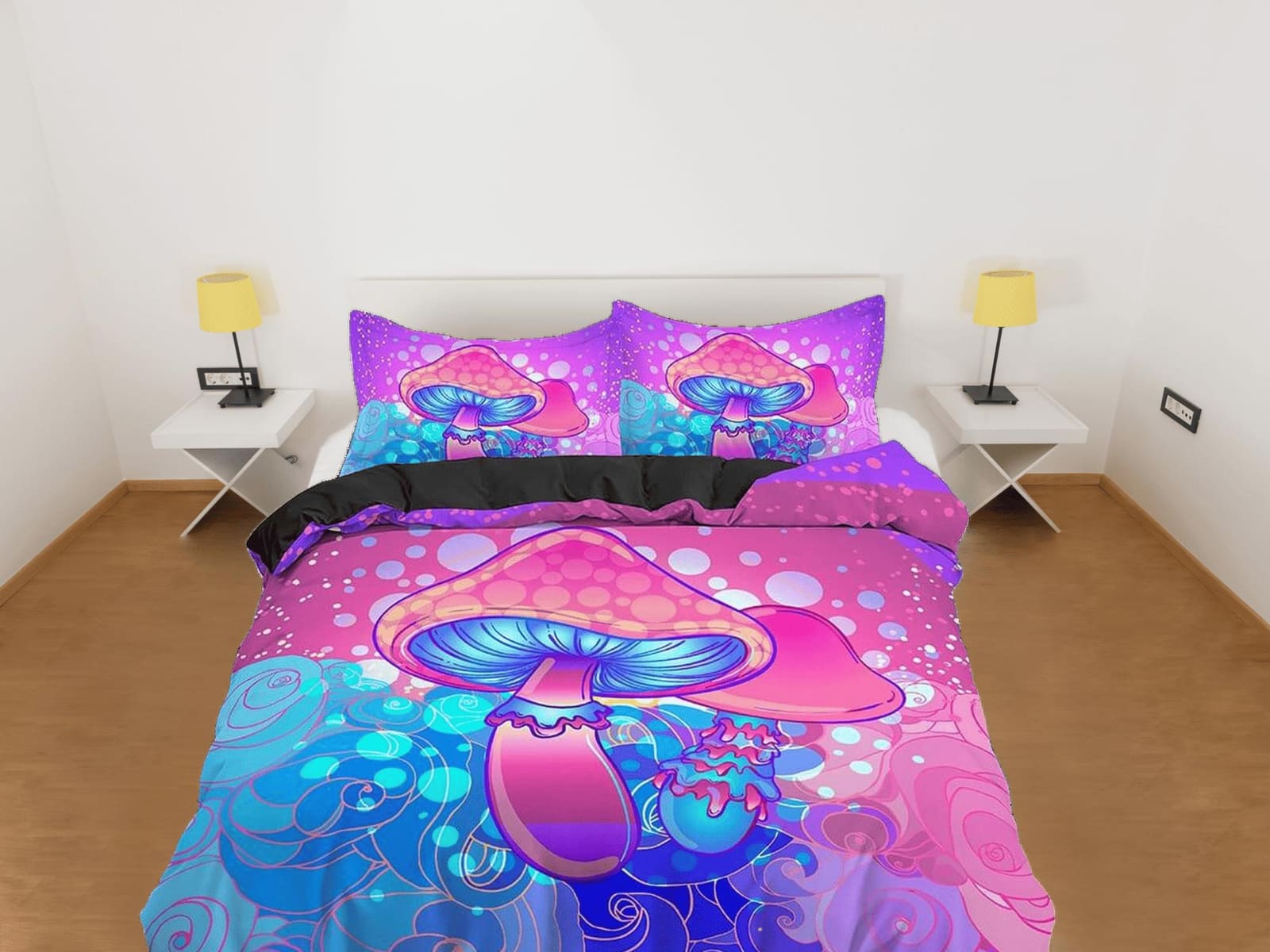 Psychedelic blue pink duvet cover hippie mushroom bedding set full, queen king, preppy dorm bedding indie room decor aesth…