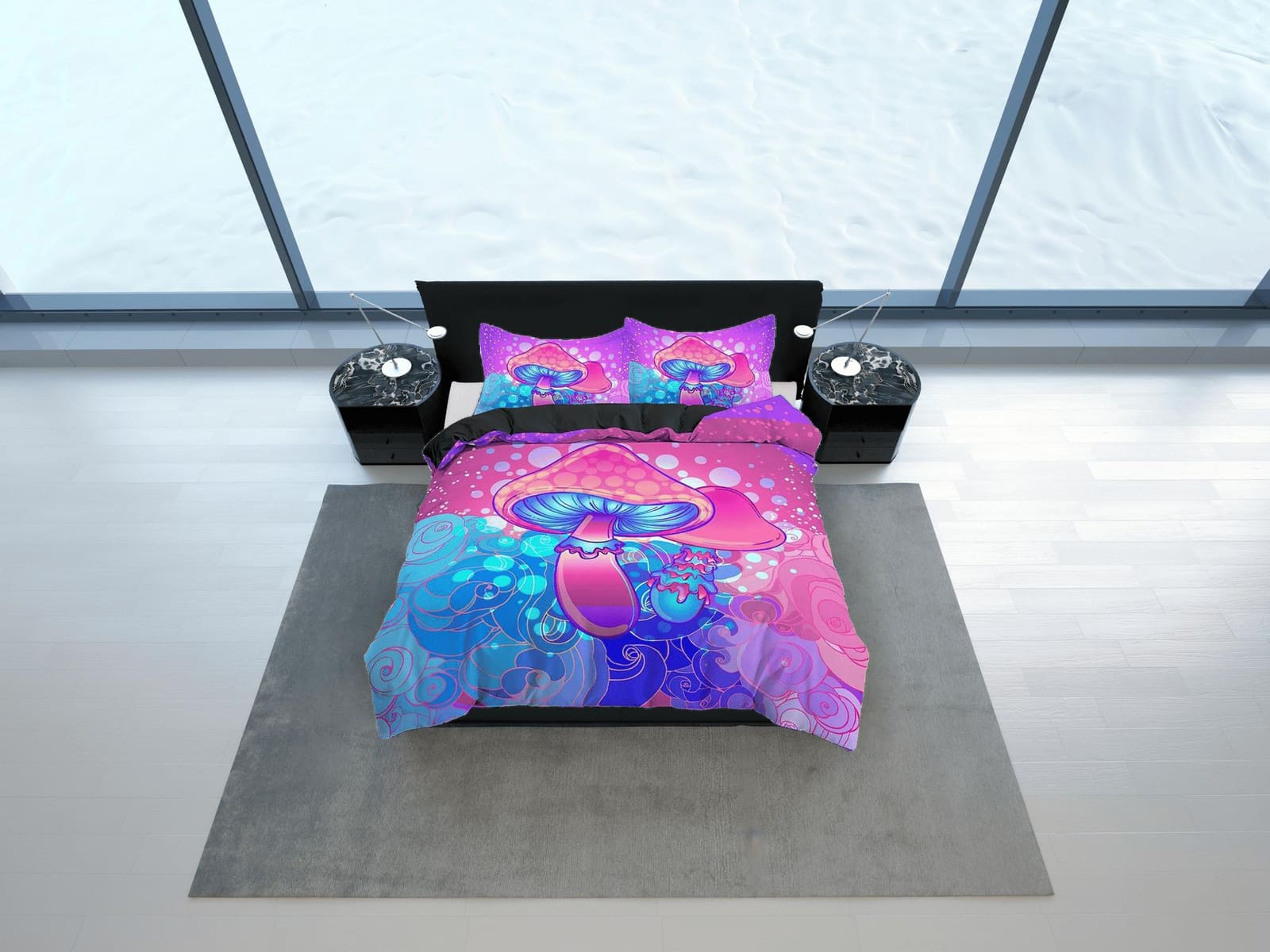 Psychedelic blue pink duvet cover hippie mushroom bedding set full, queen king, preppy dorm bedding indie room decor aesth…