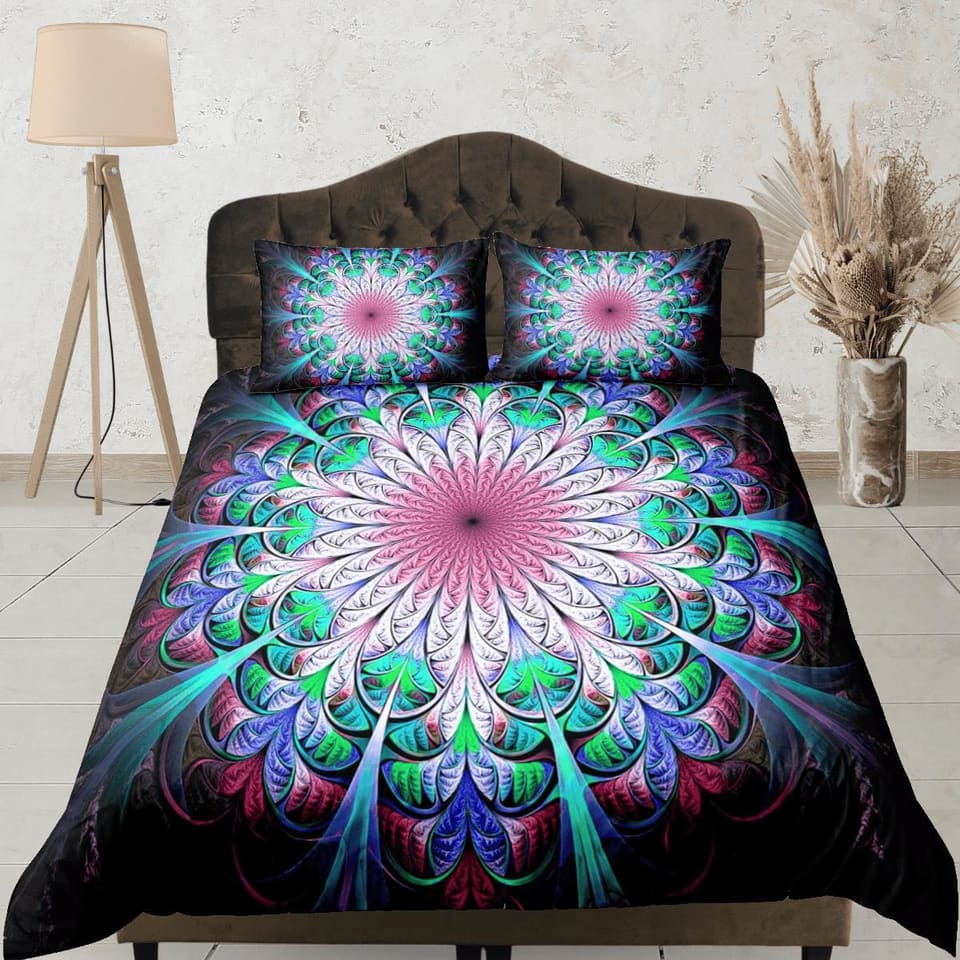 Psychedelic green mandala duvet cover boho bedding set full, queen, king, dorm bedding, aesthetic room indian bedspread ma…