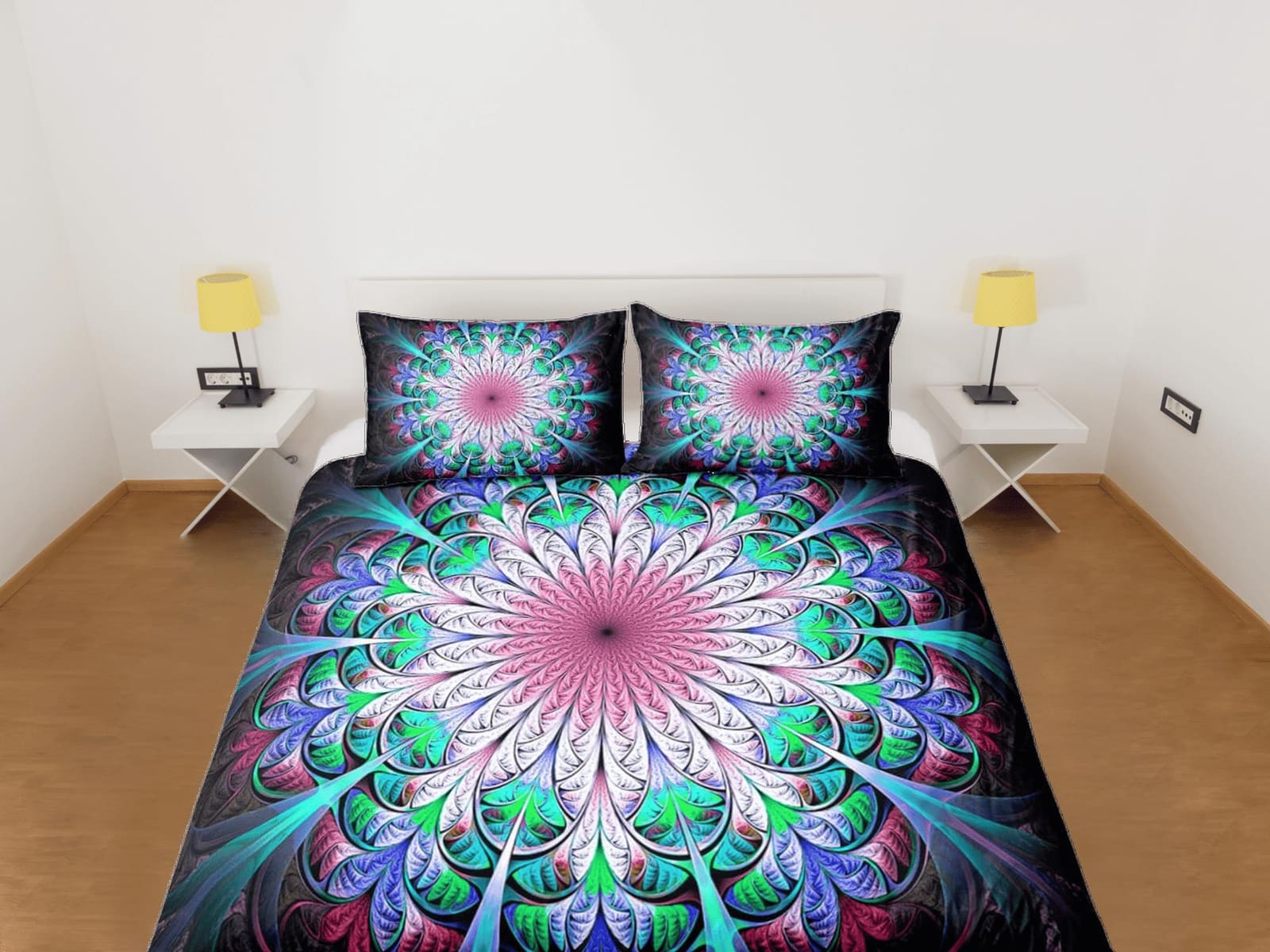 Psychedelic green mandala duvet cover boho bedding set full, queen, king, dorm bedding, aesthetic room indian bedspread ma…