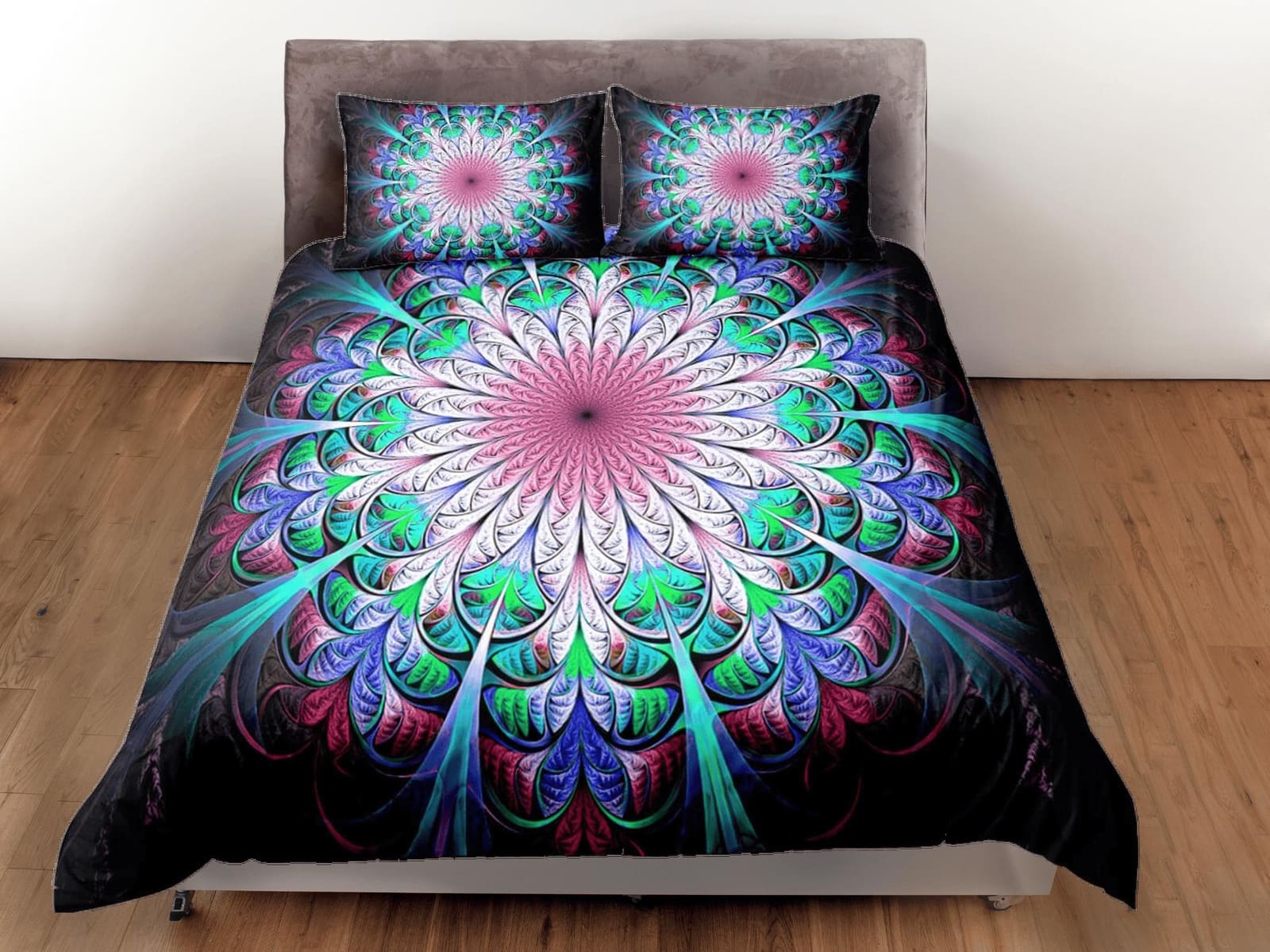 Psychedelic green mandala duvet cover boho bedding set full, queen, king, dorm bedding, aesthetic room indian bedspread ma…