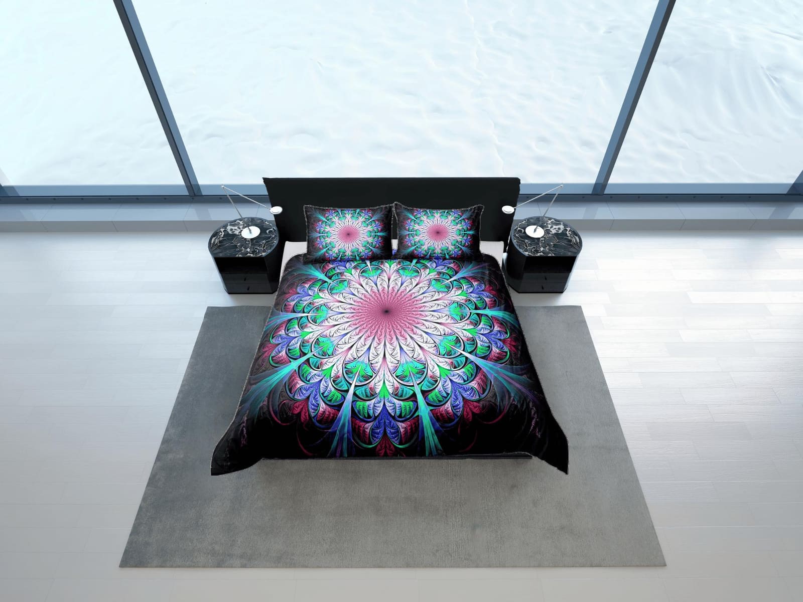 Psychedelic green mandala duvet cover boho bedding set full, queen, king, dorm bedding, aesthetic room indian bedspread ma…